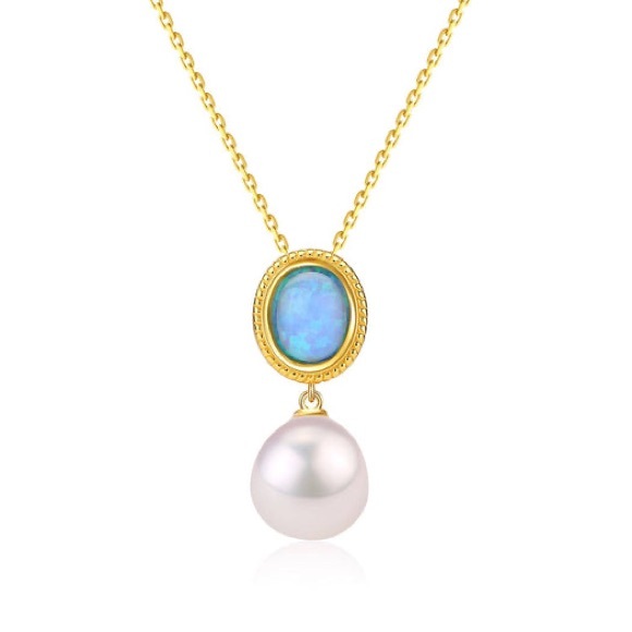 Opal Freshwater Baroque Pearls Necklace Gold Vermeil - Picture 1 of 3